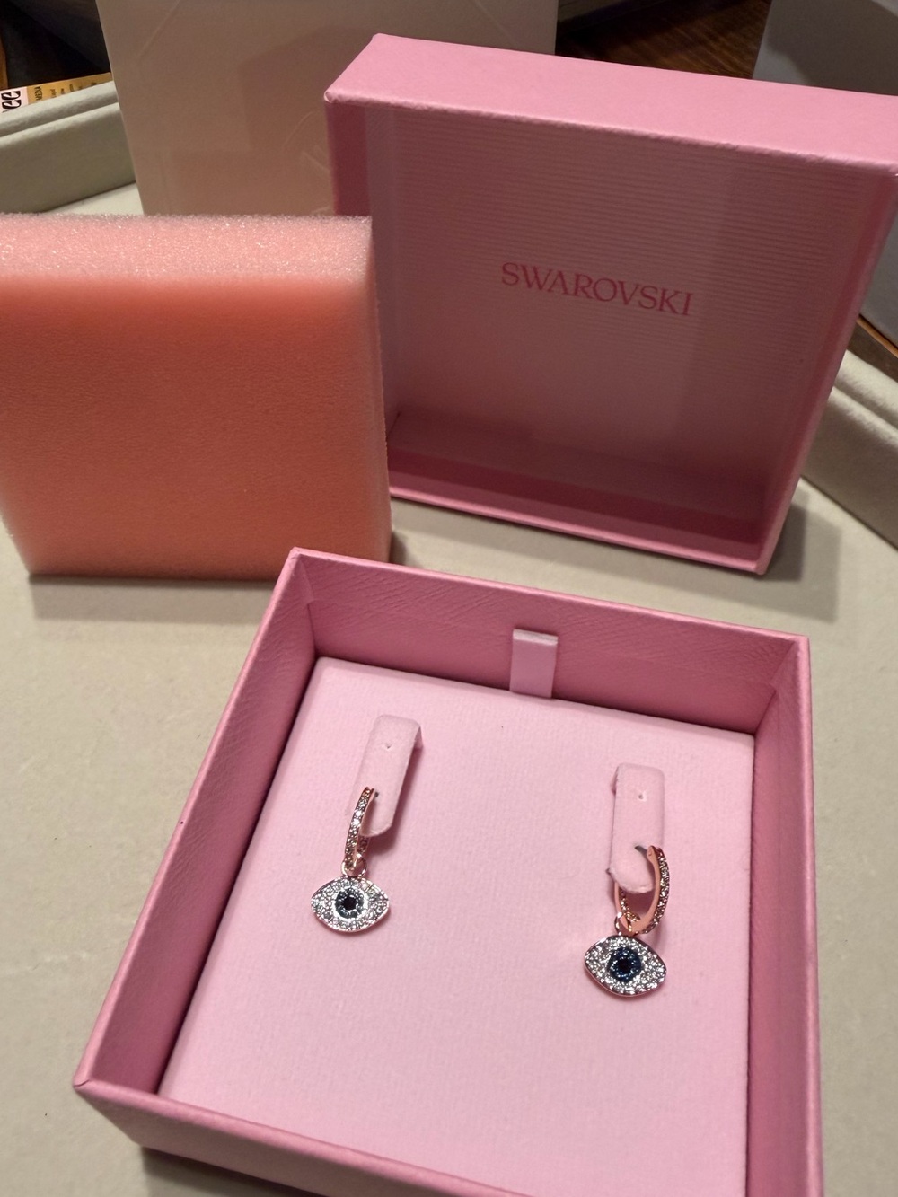 Swarovski Rose Gold Evil Eye Crystal Drop Huggie Earrings NEW